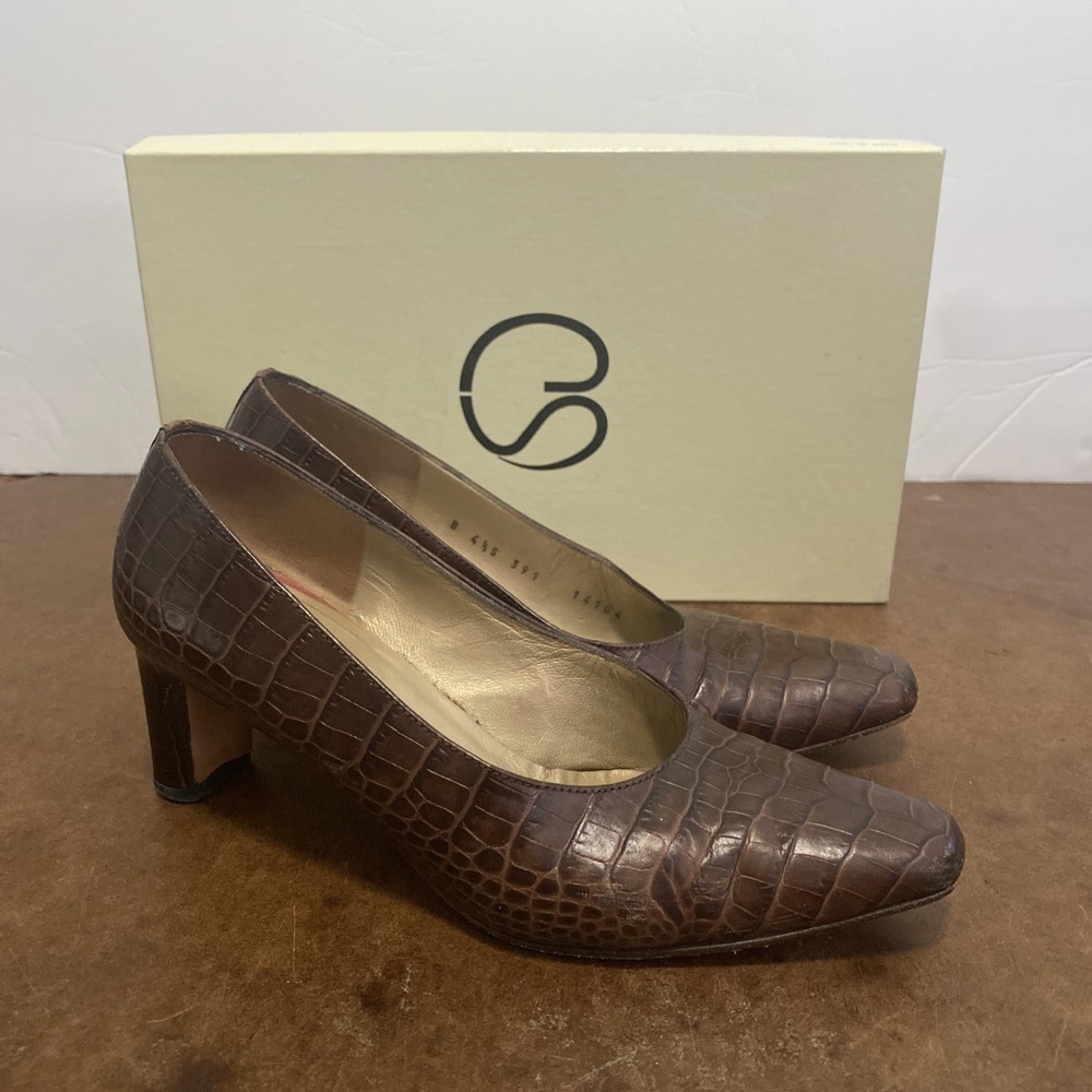 St. John "Jane" Brown Crocodile Leather Heels Shoes Women's US 4 1/2 B